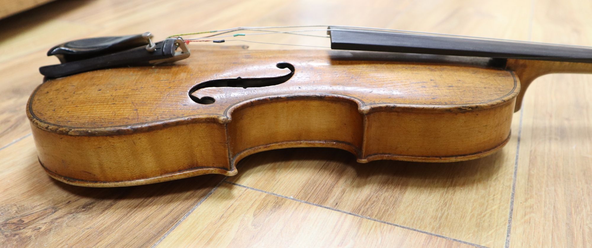 A 3/4 size violin, stamped Klotz, cased, length 52cm